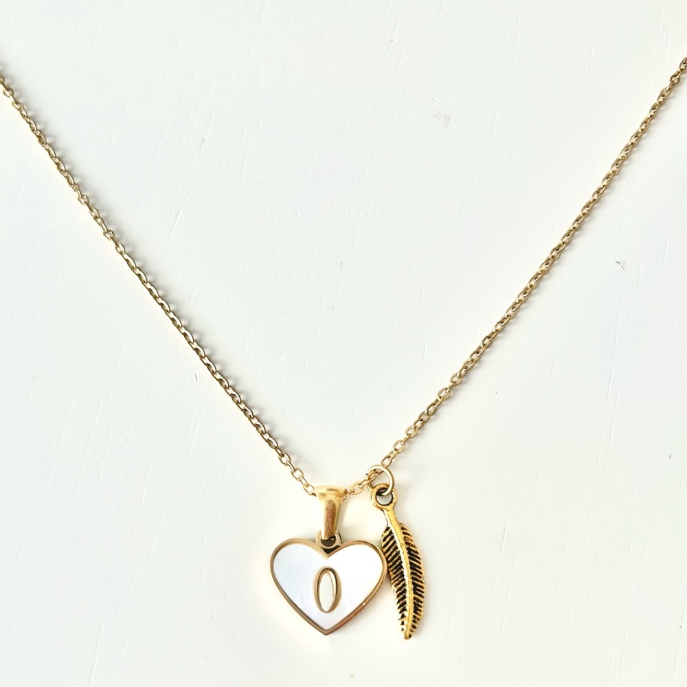Initial Letter Necklace. O. Gold Heart and Feather 14k Gold Plated